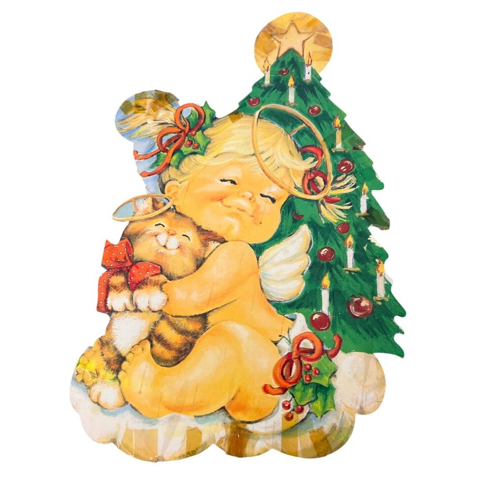 Vintage Eureka Double Sided Die Cut Christmas Angel Baby Cat Christmas Tress 17"
